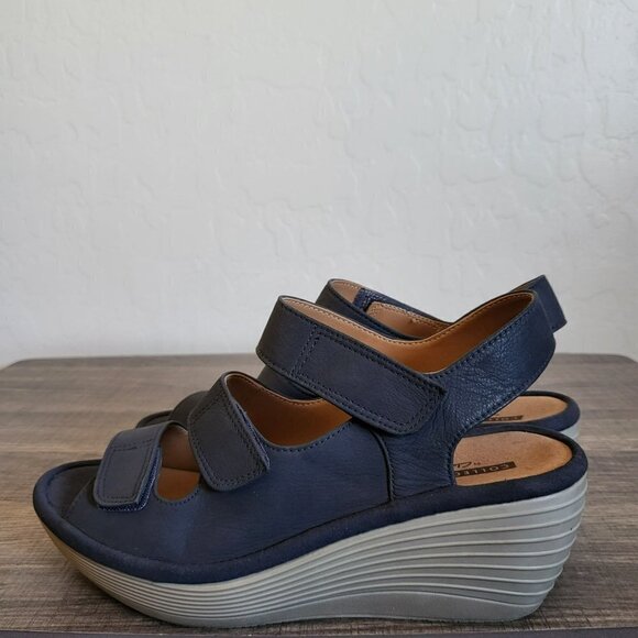 Clarks Reedly Juno Wedge Nubuck Leather Strappy Sandal Open Toe Blue Women's 5.5 - Picture 3 of 9